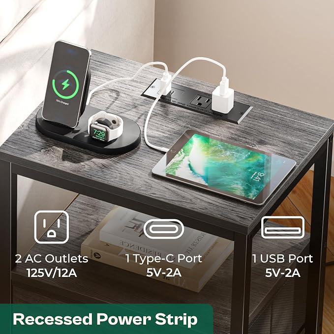Huuger Nightstand with Charging Station, 27.6 Inch End Table Bedside Table with USB Ports and Outlets, Night Stand for Bedroom, Fabric Drawers, Grey - Image 4