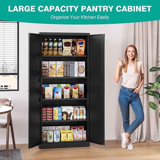 SISESOL Black Storage Cabinet,71" Tall Pantry Cabinet,Kitchen Pantry Storage Cabinets with 2 Doors and 5 Shelves,Wide Deep Metal Food Cupboard for Home,Kitchen,Dining/Living Room