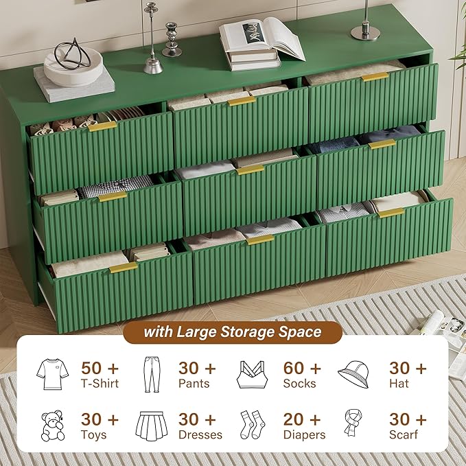 Furniway Green Dresser Bedroom Set 3 Pieces, Nightstands Sets of 2, 9 Drawer Dresser with Gold Handles for Bedroom