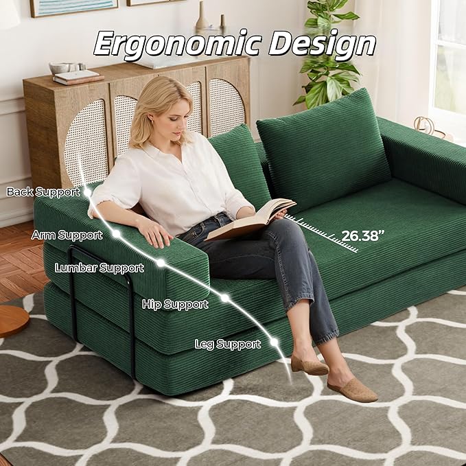 Convertible Sofa Bed, 4-in-1 DIY Combination Boneless Sleeper Sofa Bed with Pillows, Comfy Modular Couch with Fixed-Shape Frame, Corduroy Convertible Lounge Couch for Living Room, Green