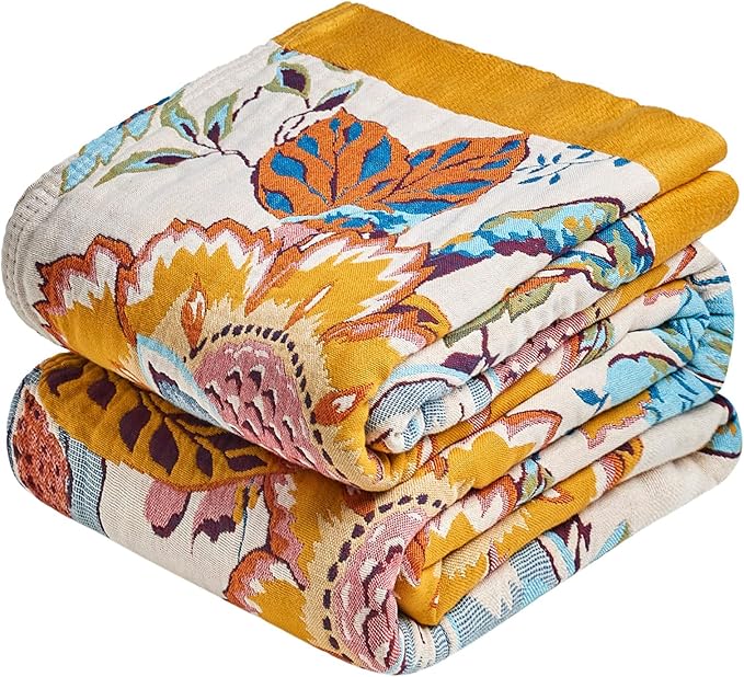 Boho Throw Blanket - 60"x80" 100% Cotton Ultra Soft Lightweight Spring Blanket, 4-Layer Breathable Muslin Blankets for Bed Couch, Reversible Green Floral Butterfly Printed Bohemian Cotton Quilt