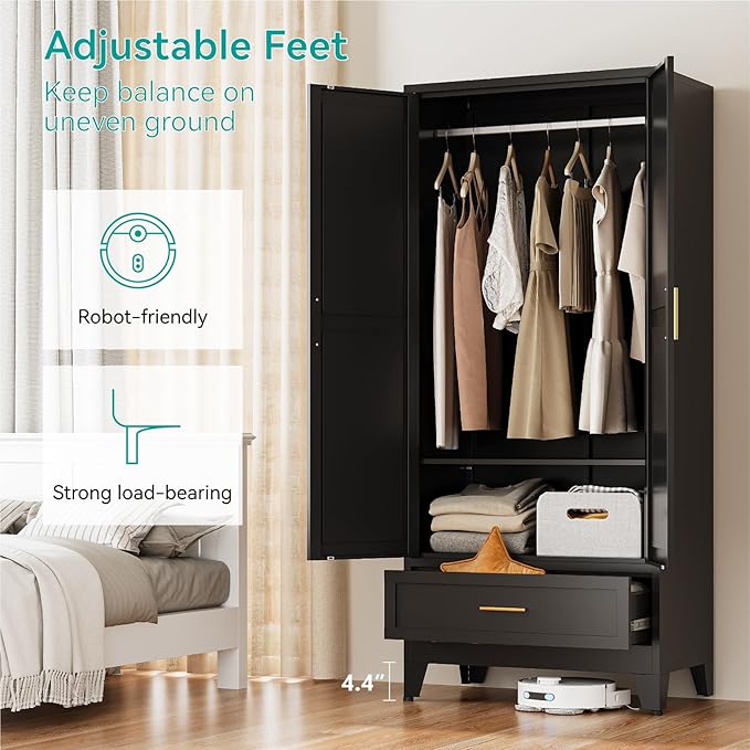 71" Tall Metal Armoire Wardrobe Closet,17.7" Deep By 31.5" Wide Portable Closet for Hanging Clothes,Wardrobe Cabinet with Drawer and Shelve for Bedroom Office Garage,Black 1 Pack