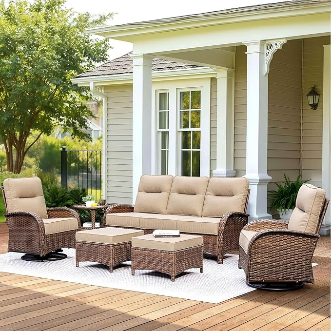 Patio Furniture Set with 6-Inch Thick Cushions, High Back Outdoor Swivel Rocker Chairs, Patio Couch and Ottomans, 6-Piece Easy Assembly Conversation Set for Porch Deck Pool Yard in Beige