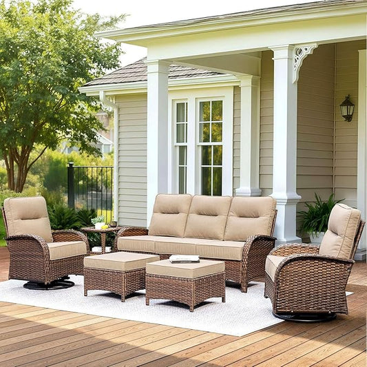 Patio Furniture Set with 6-Inch Thick Cushions, High Back Outdoor Swivel Rocker Chairs, Patio Couch and Ottomans, 6-Piece Easy Assembly Conversation Set for Porch Deck Pool Yard in Beige