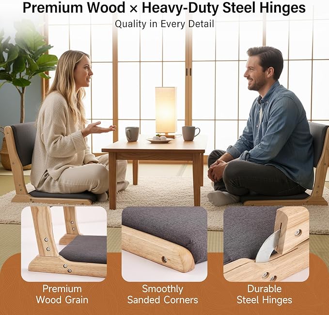 Tiita Foldable Tatami Chair, Japanese Floor Chair, Wood Legless Back Rest Chairs with Cushion, Accent Meditation Floor Chairs Bay Window, Wood Dark Grey