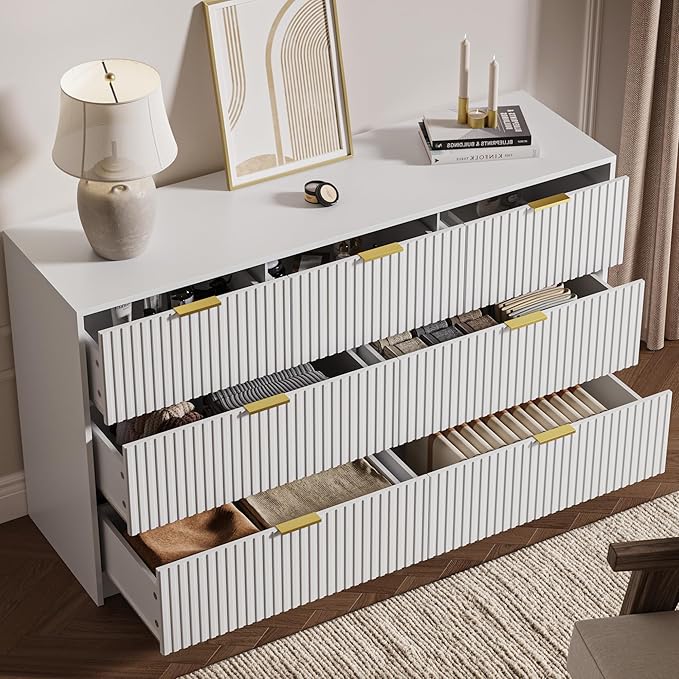 MAISONARIA 3-Piece Dresser Bedroom Set, 7 Drawer Dresser & 2 Drawer Nightstands with Gold Handles, Fluted Wood Chest of Drawers for Bedroom, Living Room, Entryway, White