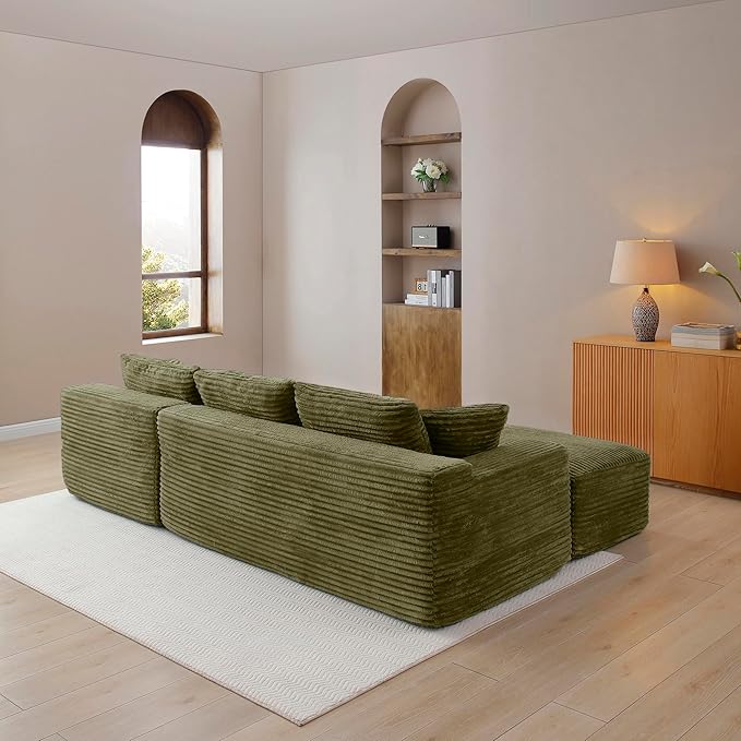105-Inch L-Shaped Right Facing Corner Compressed Sofa Modular Sectional Boneless Cloud Sofa Floor Foam Couch with Chaise Lounge, Corduroy Corner Boneless Cloud Couch