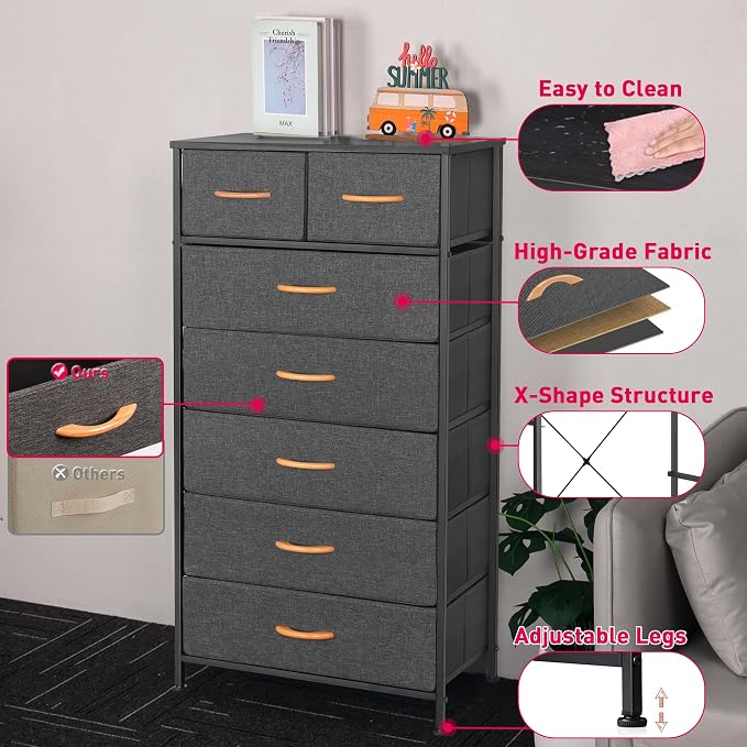 Mifuro Tall Dresser for Bedroom, Vertical Storage Organizer Tower with 7 Drawers, Chest of Drawers with Fabric Bins, Steel Frame, Wood Top for Bedroom, Closet, Entryway- Grey - Image 8