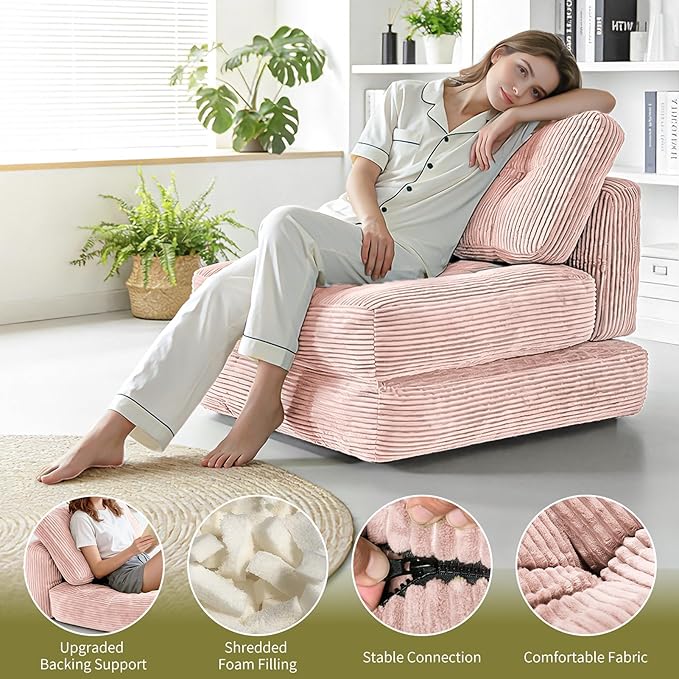 Art3d Folding Sofa Bed, Convertible Sleeper Sofa Bed with Pilow & Back Support, 3 in 1 Long Futon Boneless Couch, Comfy Floor Couch for Living Room, Bedroom, Light Pink