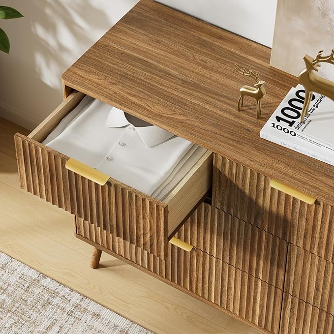 LYNSOM Fluted Dresser and Nightstand Set, 3 Pieces Bedroom Set, 55 Inch Wide 7-Drawer Dresser & 2-Drawer Nightstands Set of 2, Walnut Dressers Set for Bedroom, Hallway