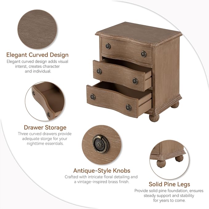 COZAYH Farmhouse 3 Drawer Nightstand with Distressed Wood Finish, Rustic Vintage Small Dresser with Curved Front Design, Solid Pine Base for Bedroom, Almost Fully Assembled, Transitional, Brown - Image 3