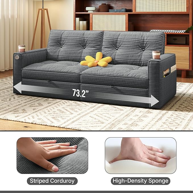 Rovibek 73.2" Convertible Sofa Bed, Pull Out Couch with USB Charging Port & Cup Holders, Adjustable Backrest, Side Pockets, Modern Corduroy Sleeper Sofa for Living Room, Bedroom, Apartment, Grey