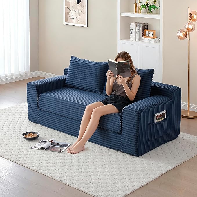 73" Convertible Sofa Bed, 2 in 1 Corduroy Folding Couch with Pillows, No Assembly Boneless Compression Sofa in Box, Loveseat with Side Storage Pocket for Apartment, Living Room, Blue
