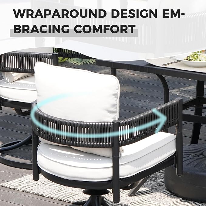 Grand patio 7-Piece Outdoor Dining Set for 6 with 1 Rectangle Expandable Table for 4-6 Person, Metal Woven Wicker Swivel Patio Chairs with Thickened Cushions for Yard, Poolside, Deck (Black) - Image 4