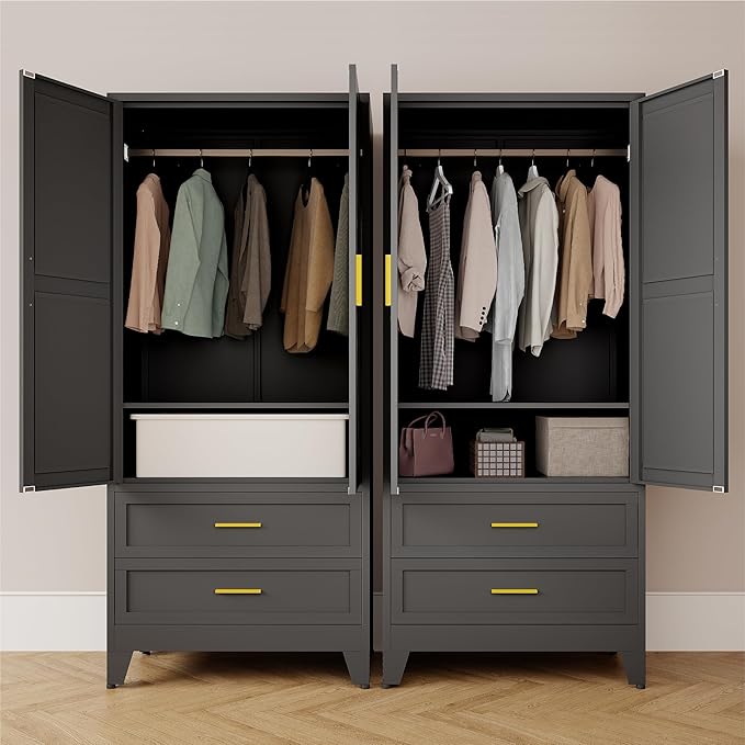 71" Tall Metal Armoire Wardrobe Closet,17.7" Deep By 31.5" Wide Portable Closet for Hanging Clothes,Wardrobe Cabinet with Drawers and Shelves for Bedroom Office Garage,Black 1 Pack