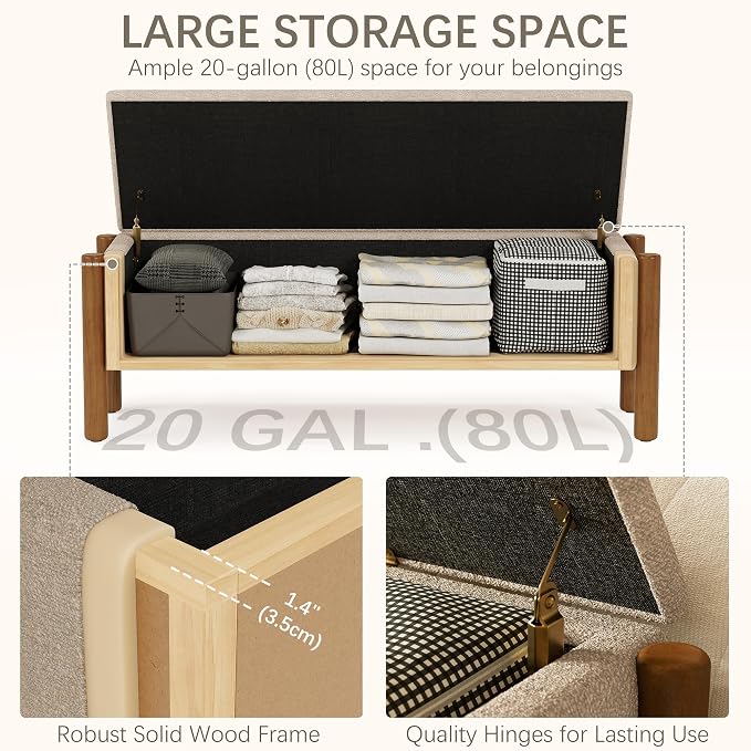 Modern Storage Benches with Walnut Wood Legs, 47'' Ottoman Bench with 20 Gallons Storage Space for Bedroom End of Bed, Fabric Upholstered Entryway Bench with Seating for Livingroom, Beige - Image 6