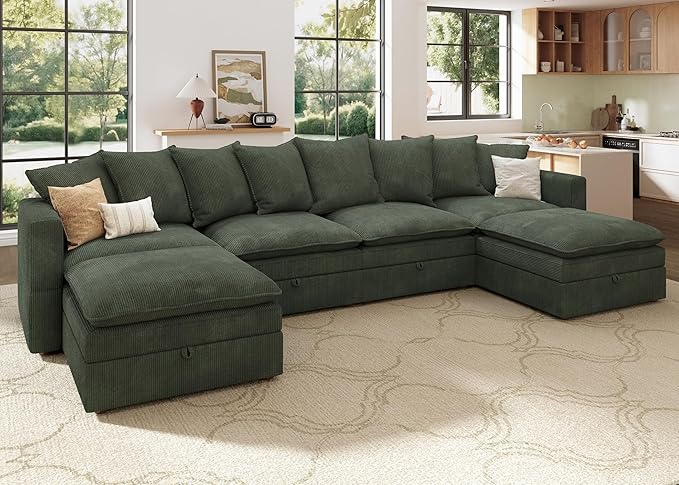 HONBAY Modular Sectional Sofa, 137 Inch U Shaped Corduroy Couch with Storage, Convertible Sectional Sofa with Deep Seat, Green