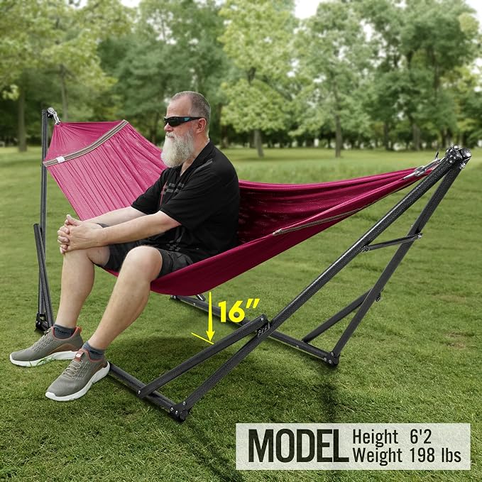 Tranquillo Universal Double Hammock with Stand Included for 2 Persons/Foldable Hammock Stand 600 lbs Capacity Portable Case - Inhouse, Outdoor, Camping, Red - Image 9