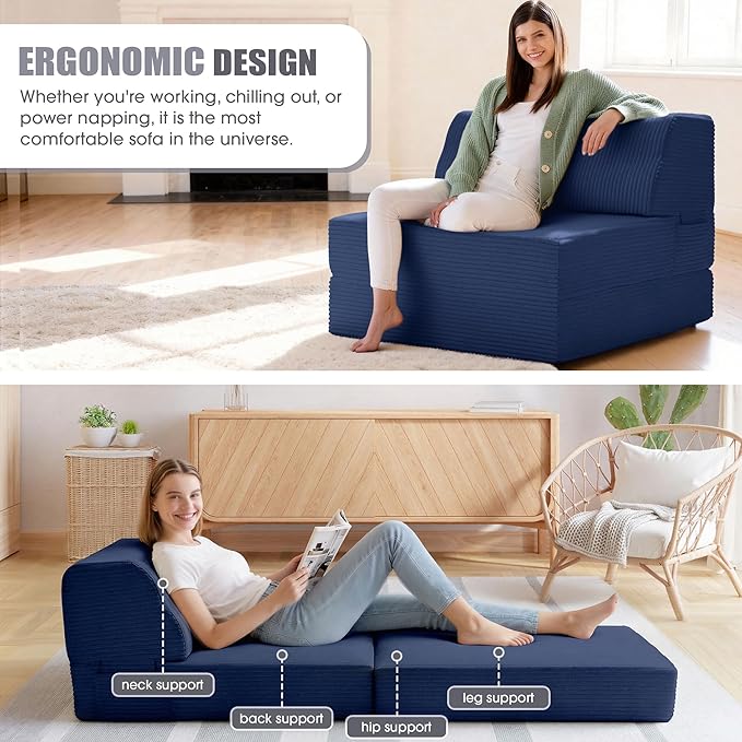 Folding Sofa Bed with Pillow, Memory Foam Fold Out Chair Bed, Convertible Sleeper Chair with Washable Cover, Futon Floor Couch for Living Room/Dorm/Guest Use/Home Office/Apartment, Navy Blue