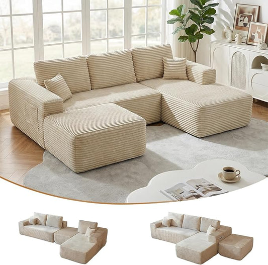 104" Boneless Modular Sectional Sofa with Reconfigurable U-Shaped Layout, No Assembly Required Compressed Sofa, Deep Seat Seating with Ottoman for Living Room, Bedroom, Apartment Beige Right