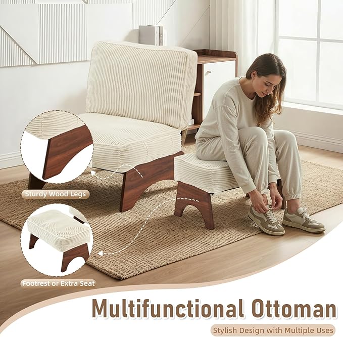 EROMMY Accent Chair with Ottoman, Modern Corduroy Living Room Chair with Adjustable Backrest & Footrest Set, Comfy Reading Chair for Living Room Bedroom Reading Room Guestroom, Cream