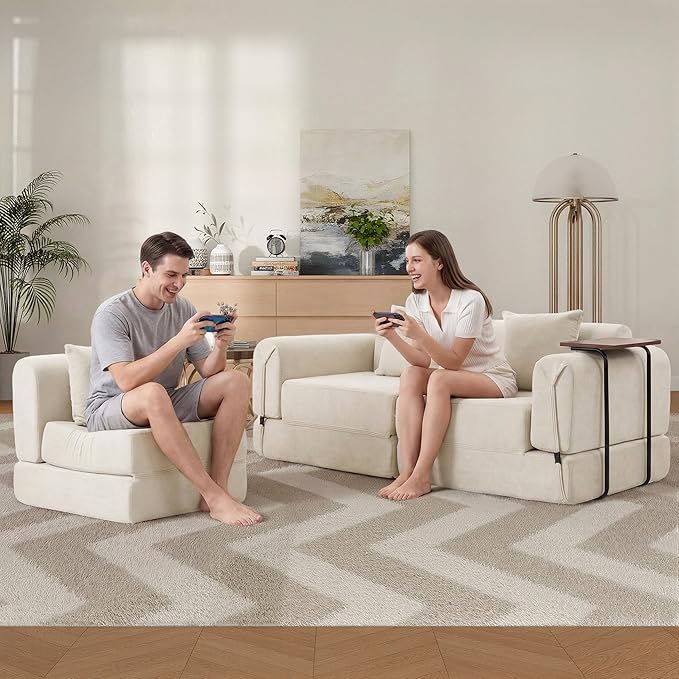 100" Convertible Sleeper Sofa Bed, Oversized Modular Sectional Cloud Sofa with Fixed-Shape Frame & Tabletop, Boneless Couch with Storage Pocket for Living Room, No Assembly Required, Beige