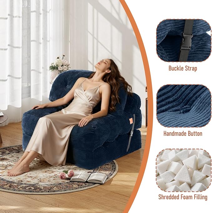 Folding Sofa Bed, Convertible Sleeper Chair with Back Support and Pillow Futon,Boneless Foldable Couch for Living Room/Guest Use/Home Office, Foldable Chair Bed for Adults, Navy Blue