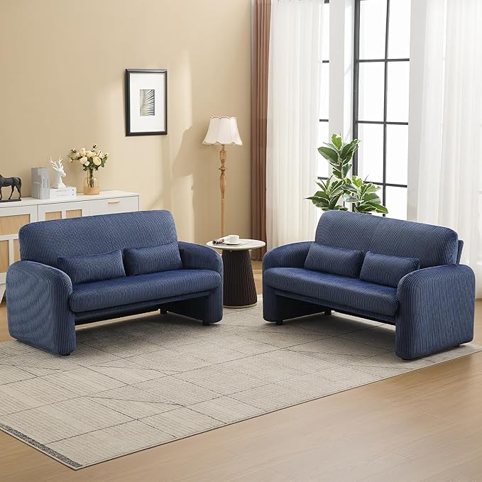 WUTUTUEE 56'' Corduroy Loveseat Sofa, 2 Seater Love Seat Couch for Small Space, Comfy Upholstered Modern Leisure Loveseat Couches with Lumbar Pillows for Bedroom, Office, Living Room, Blue