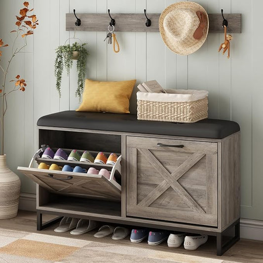 Maupvit Shoe Cabinet with 2 Flip Drawers & Coat Rack, Shoe Storage Bench with Seat Cushion for Entryway, 5 Large Sturdy Metal Hooks - with Locking Wall Parts, Washed Gray by MaupvitFurniture