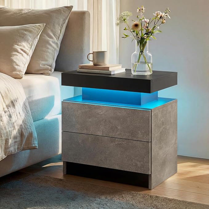 i-aplus Nightstand Set of 2 LED Nightstand with 2 Drawers, Bedside Table with Drawers for Bedroom Furniture, Side Bed Table with LED Light, Grey Black - Image 9