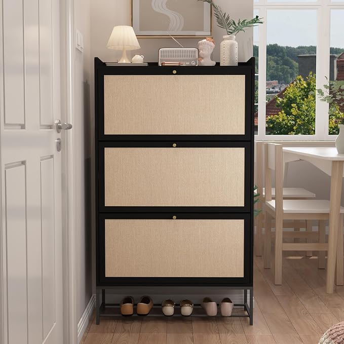AVZEAR Shoe Cabinet, Shoe Cabinet Freestanding Tipping Bucket Shoe Rack Organizer with 3 Flip Drawers, Modern Entryway Narrow Shoe Rack for Entryway, Hallway, Bedroom (Black) - Image 9