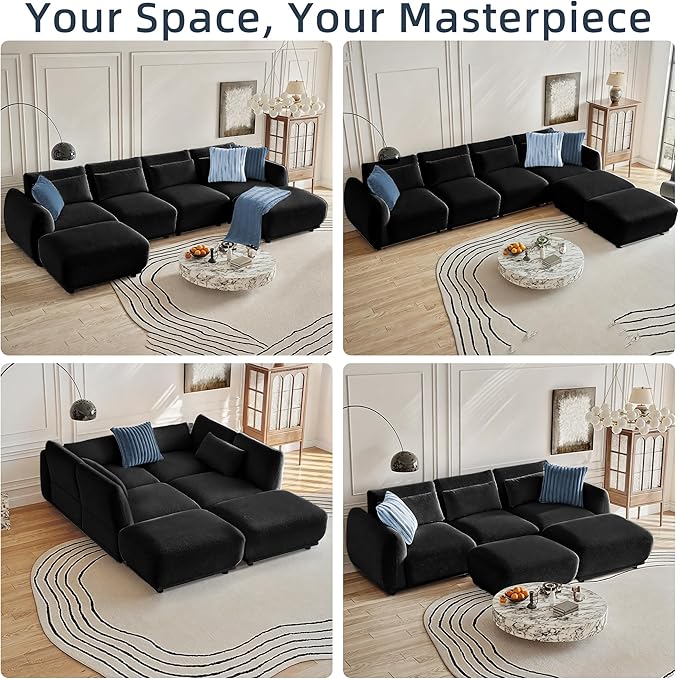 Sectional Sofa Couch, Modern U Shaped Sectional Couch with Ottoman, Modular Sectional Sofa Cloud Couches for Living Room (Black, 4 Set + 2 Ottoman)