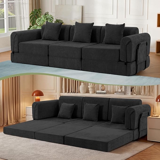 100" Convertible Sleeper Sofa Bed, Oversized Modular Sectional Cloud Sofa with Fixed-Shape Frame & Tabletop, Boneless Couch with Storage Pocket for Living Room, No Assembly Required, Black