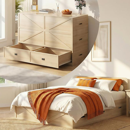 CECER Murphy Bed Queen with Mattress Include，Murphy Bed Queen with Storage Drawers，Multi-Functional Desgin that Converts to Sofa Set for Small Spaces/Guest Room/Bedroom（Natural Wood）