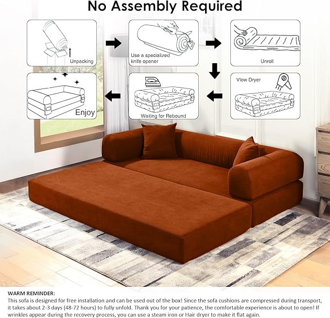 80" Convertible Sofa Bed, 3-in-1 Corduroy Folding Pull Out Couch with Pillows, No Assembly Modern Boneless Couch Compression Sofa in Box, Floor Sofa with Side Storage Pocket for Living Room, Orange