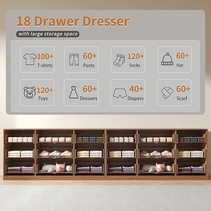 Dresser for bedroom Set of 2, Long Dresser with 18 Drawers, Fluted Modern Bedroom Furniture Set, TV Stand Dressers & Chests of Drawers for Closet, Natural Wood (15.7"D x 125.8"W x 31.8"H)