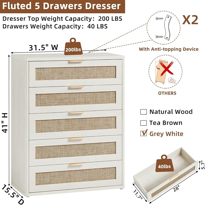 LEYAOYAO Rattan Dresser for Bedroom Set 2, 41" Tall Chest of Drawers, Modern 5 Drawers Boho Dressers with Storage, Light Oak Dresser Wooden Closet Organizer for Living Room, Hallway, Grey White - Image 3