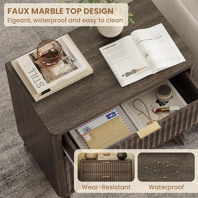 24" Tall Fluted Nightstand,3 Drawers End Table with Metal Handle,Modern Side Table with Storage,Night Stand Wood Bedside Tables for Bedroom,Curved Profile Design,Walnut - Image 6