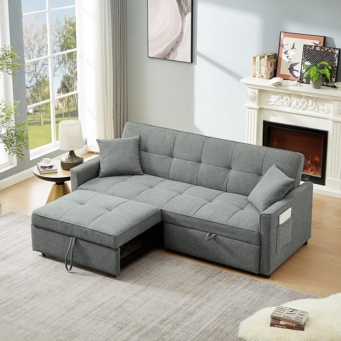 82" 3 in 1 Convertible Sleeper Sofa Bed, Modern Fabric Pull Out Couch, Loveseat Sofa with Pillows & Pockets, Futon Couch Bed Reclining Backrest for Living Room, Bedroom, Apartment, Grey