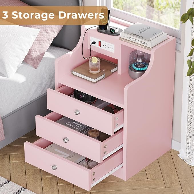 ADORNEVE Nightstand with Charging Station,Pink Night Stand with Hutch,Bedside Table with Drawers,Bed Side Table with Storage - Image 4