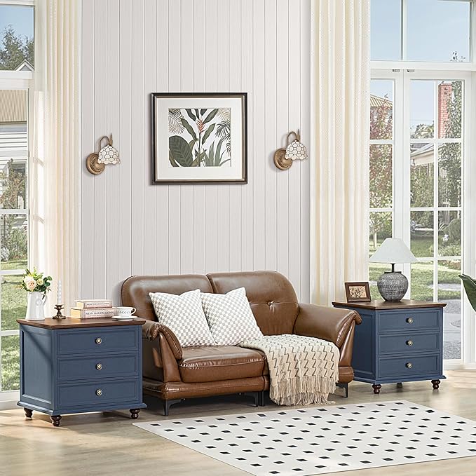 Joaxswe 24" Wide Farmhouse Night Stand Set of 2,Large End Table with 3 Drawers & Metal Handle,Blue Dresser for Bedroom,Bed Side Table Chest of Drawers Cabinet,Wood Nightstand for Living Room,Closet - Image 5