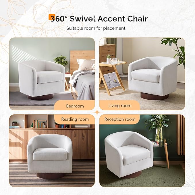 VINGLI 360°Swivel Accent Chair with Engineered Wood Base and Removable Cushion for Living Room, Bedroom, Curved Back Barrel Chair for Small Space, Upholstered Bucket Armchair, Linen Beige