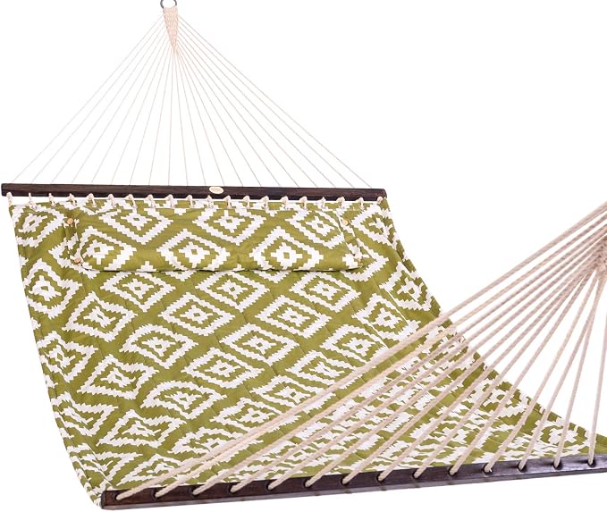 Lazy Daze Hammocks 12FT Quilted Fabric Hammock with Soft Pillow, Double 2 Person Tree Hammock with Spreader Bar for Outside Patio Poolside Backyard Beach, 450 lbs Capacity, Green Geometric by LazyDazeHammocks