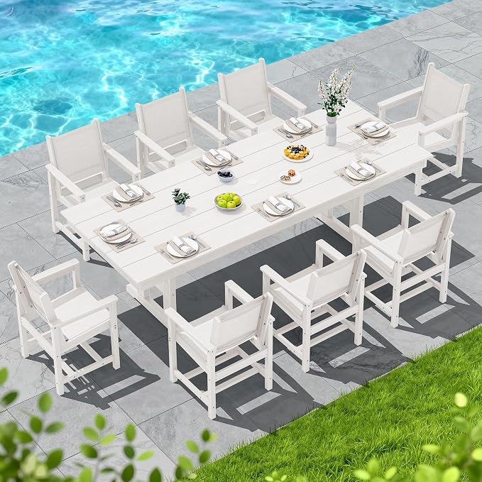 SERWALL 9 Piece Outdoor Dining Set, 84" HDPE Outdoor Large Table and Textilene Sling Chairs for 8，All Weather Patio Dining Furniture Set with Umbrella Hole for Backyard, Garden, White - Image 7