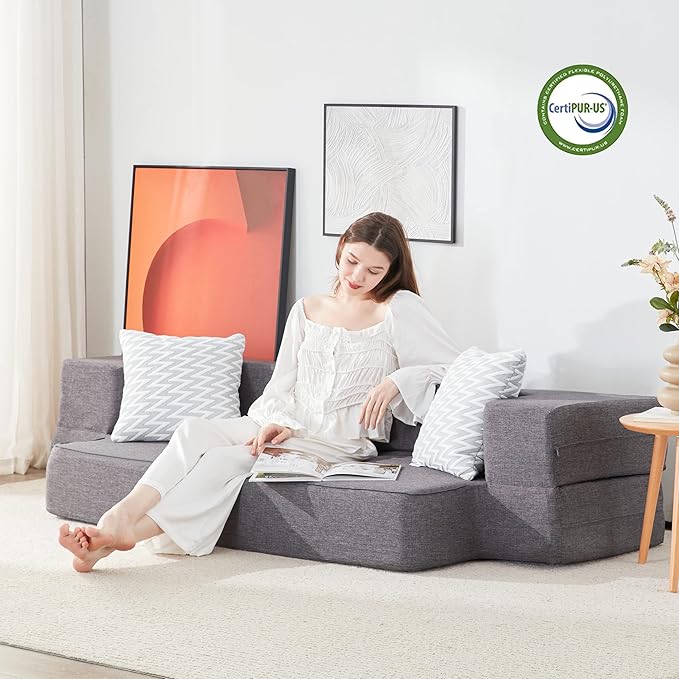 Floor Sofa Bed, Convertible Sleeper Lounge Couch Folding Mattress with 2 Pillows & Washable Cover for Living Room, Guest, Playroom, Queen
