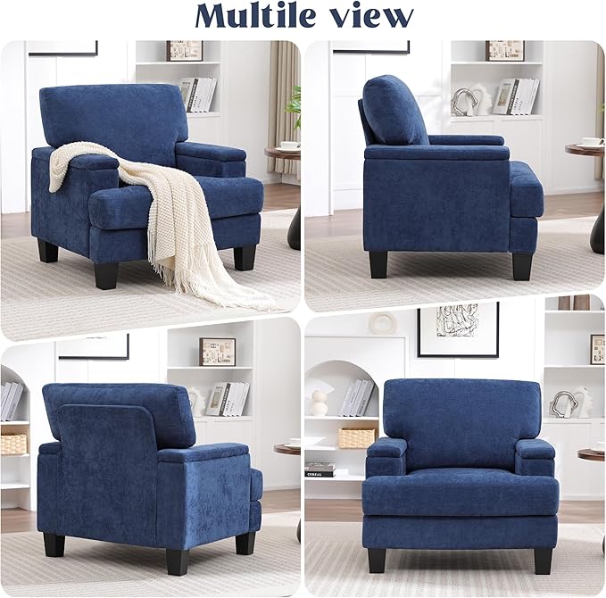 Oversized Accent Chair Set of 2 with Storage Armrest, Modern Upholstered Reading Living Room Chairs, Comfy Large Armchair, Fabric Single Sofa Chair for Bedroom (Navy Blue)