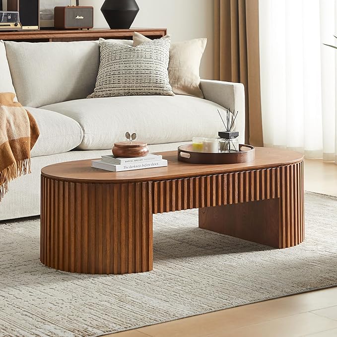 51.18'' Oval Coffee Table for Living Room Fluted Center Table with Drawer, Mid Century Modern Coffee Tables, Easy Assembly for Office Storage Tea Table Brown