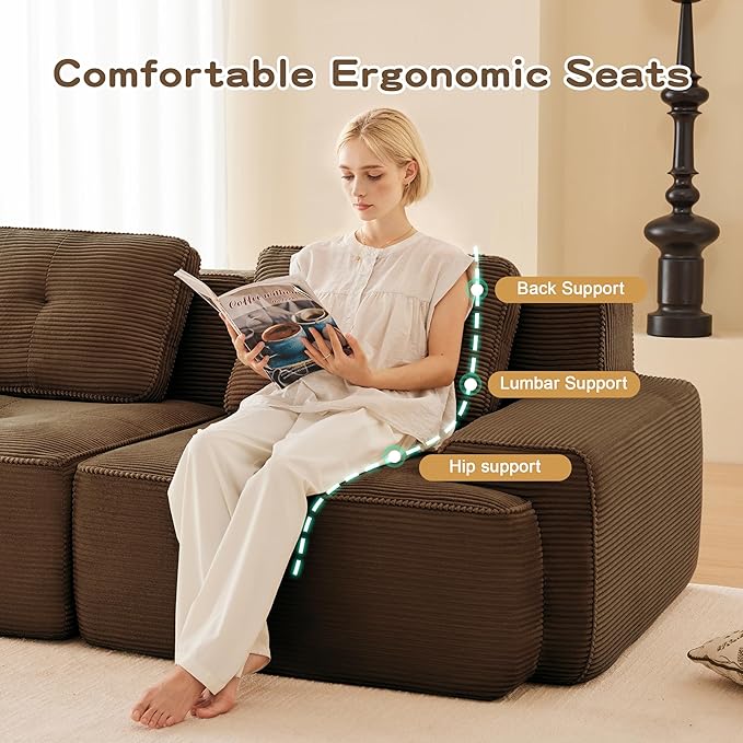 Casaphoria 115'' Boneless Sofa with Ottoman, 3-Seater Modular Couch with 3 Pillows for Living Room, L Shape Cloud Sectional Sofa, No Assembly, Brown