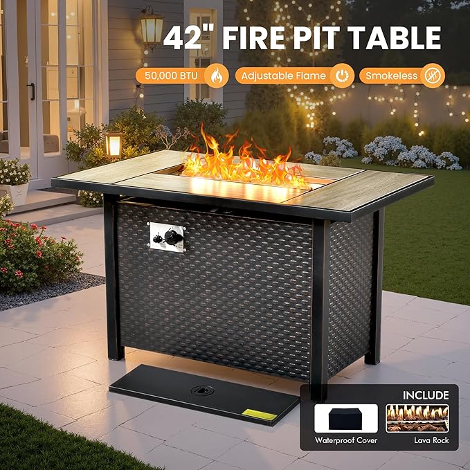 Outdoor Sectional Patio Furniture Set with Fire Pit Table and Glowing Table,8 Pieces Wicker Conversation Sets L Shaped Couch Out Door Sofa Set Outside Furniture for Garden Deck Yard,Dark Grey