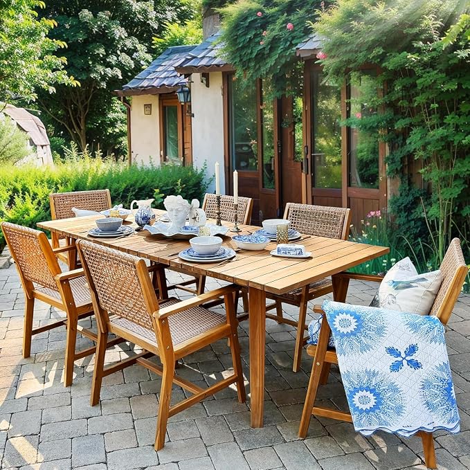 PHI VILLA 7 Pieces Acacia Wood Outdoor Dining Set for 6, Teak Large Wooden Table & Chairs with Wicker Seat and Back, Farmhouse Dining Furniture Set for Patio, Deck, Yard, Porch by PHIVILLA